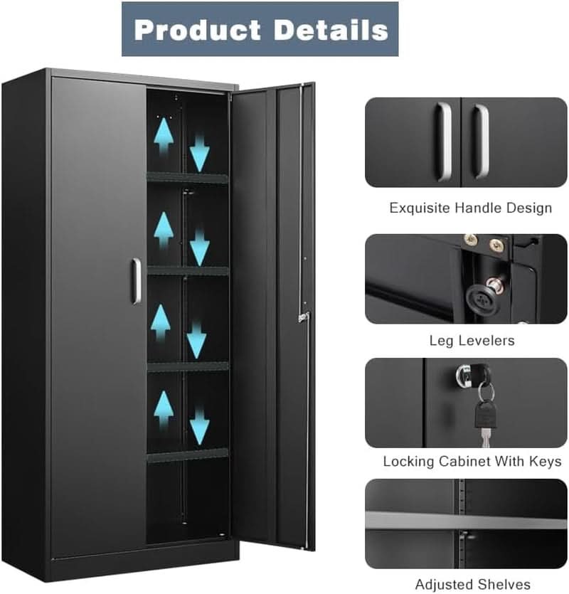 Detail graphic: handle, leg levelers, locking cabinet with keys and adjustable shelves shown on a black steel cabinet