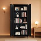 Black metal storage cabinet with both doors open in a living space, shelves holding books, frames and ceramics