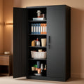 Black metal garage storage cabinet with one door open showing loaded adjustable shelves, standing against a warm wall