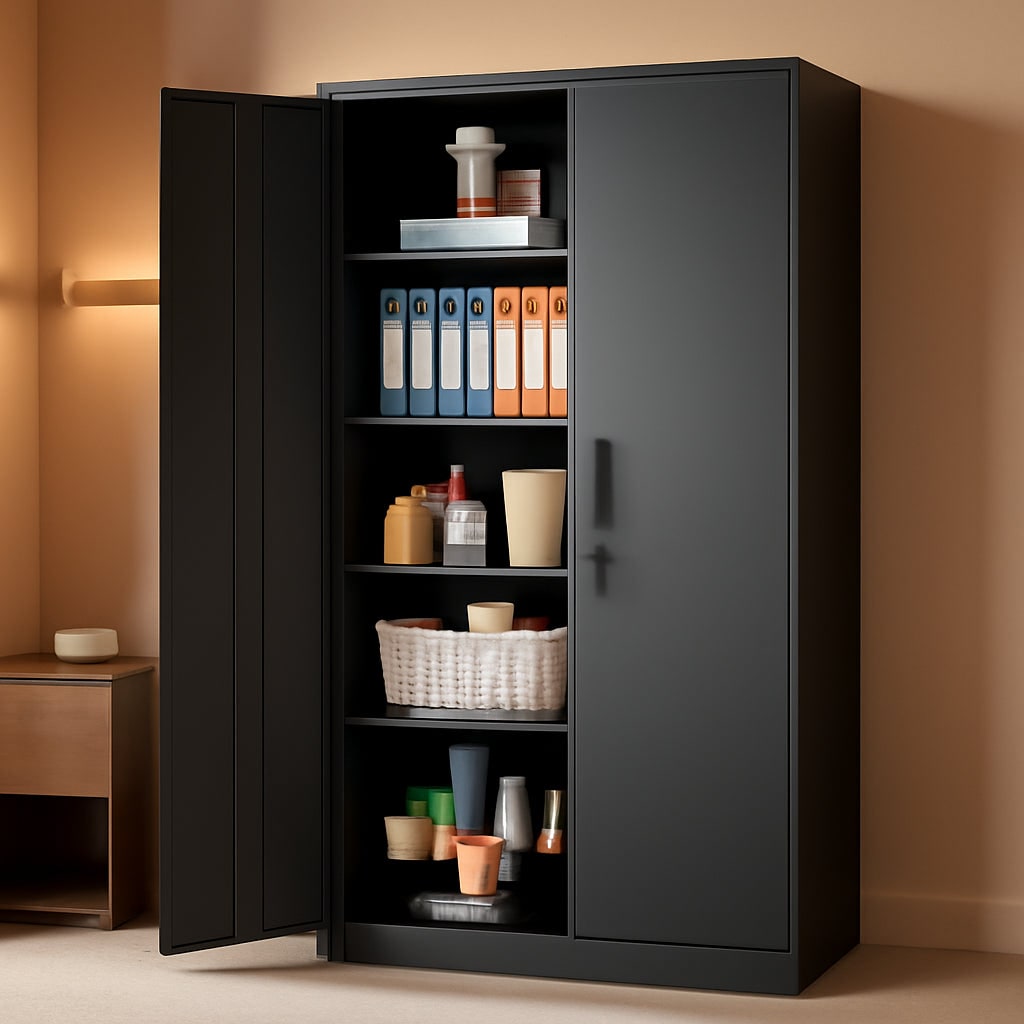Black metal garage storage cabinet with one door open showing loaded adjustable shelves, standing against a warm wall