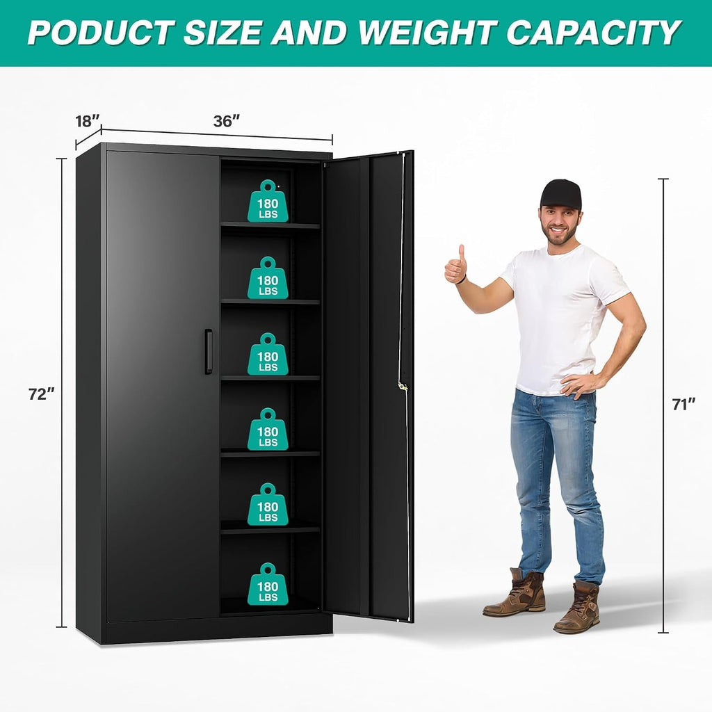 Dimension diagram: storage cabinet 36 in wide, 18 in deep and 72 in high, with 180 lb marked on each shelf, shown beside a person listed at 71 in tall