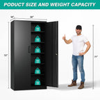 Dimension diagram: storage cabinet 36 in wide, 18 in deep and 72 in high, with 180 lb marked on each shelf, shown beside a person listed at 71 in tall