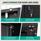 Detail graphic: door magnets that keep the door closed, a lock with 2 keys, 5 adjustable shelves and 4 levelers on a black steel cabinet