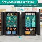 Detail graphic: five adjustable shelves set at different heights holding tools, bins, bottles and supplies behind open doors