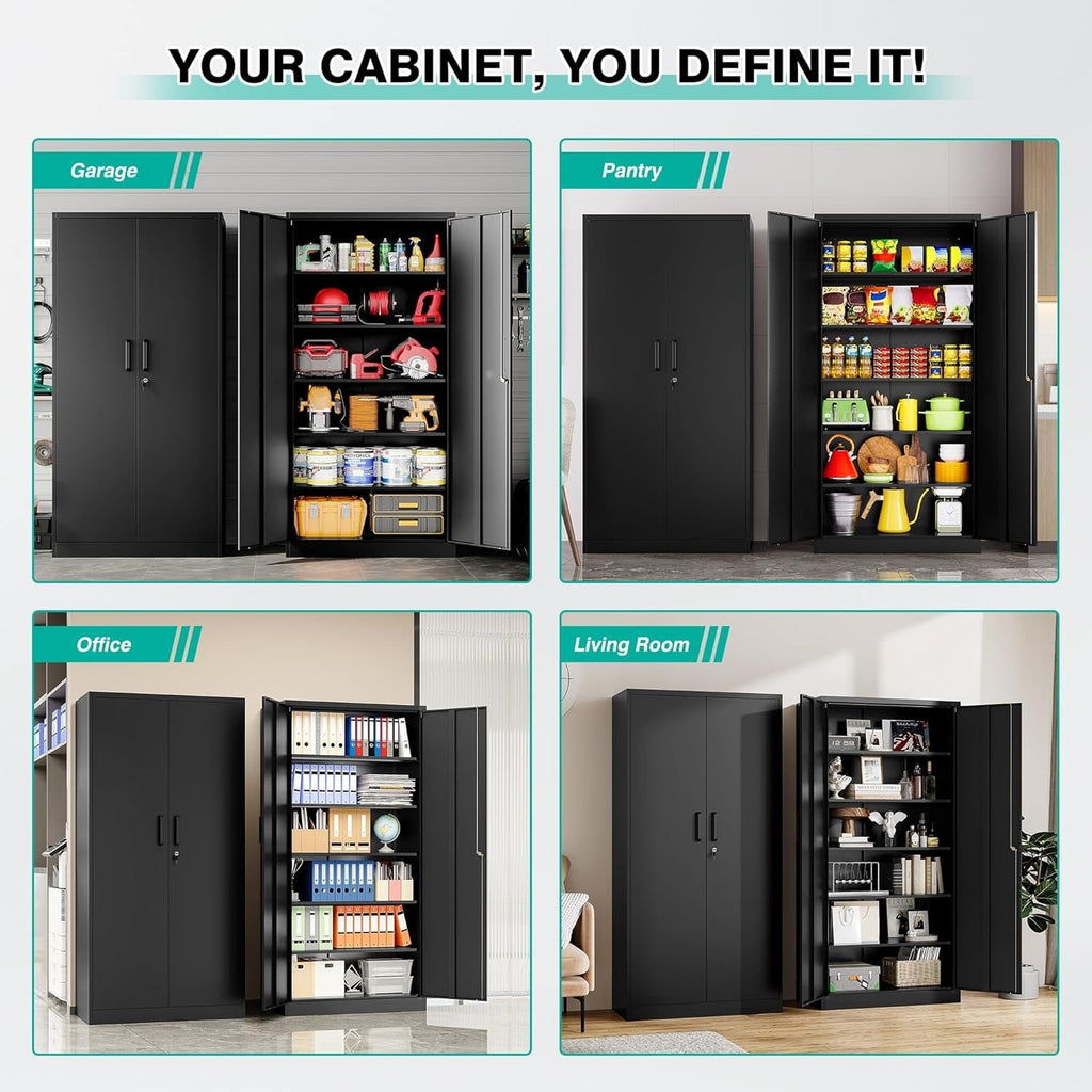 Four scenes showing the cabinet used for garage tools, pantry food, office files and living room storage