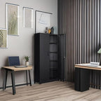 Tall black storage cabinet standing closed beside a desk in a modern study