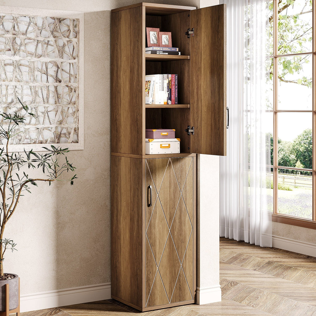 Tall narrow rustic brown storage cabinet with the upper door open showing shelves of books and boxes