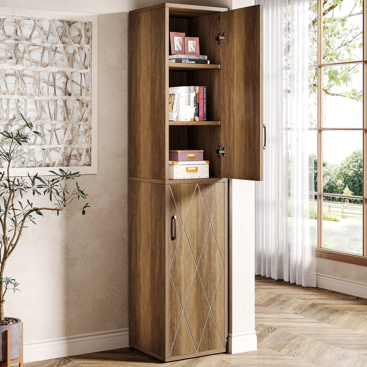 Tall narrow rustic brown storage cabinet with the upper door open showing shelves of books and boxes