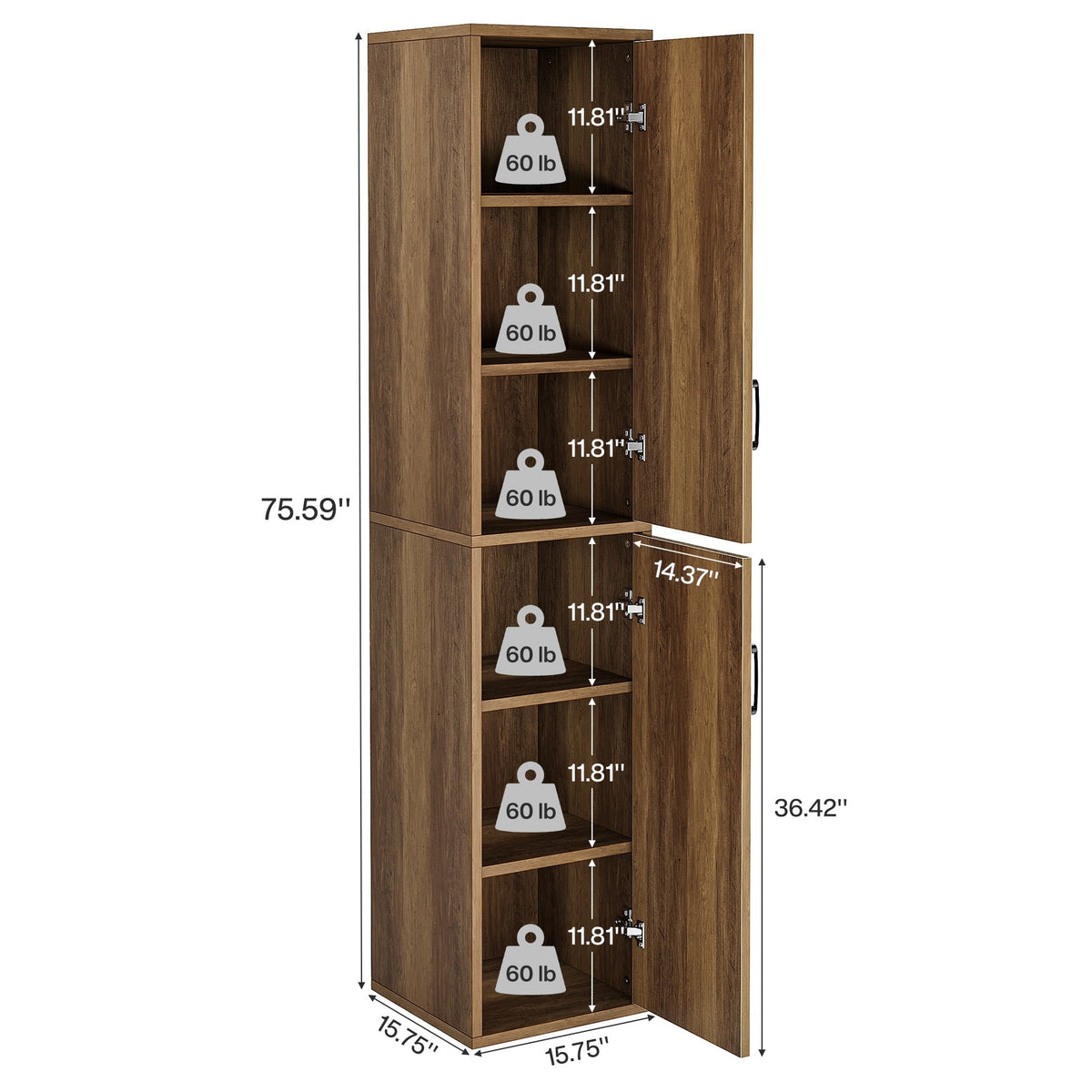 Dimension diagram showing 15.75 inches square, 75.59 inches tall and a 60 pound shelf capacity