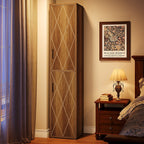 The cabinet standing in a bedroom corner beside a bed with the doors closed