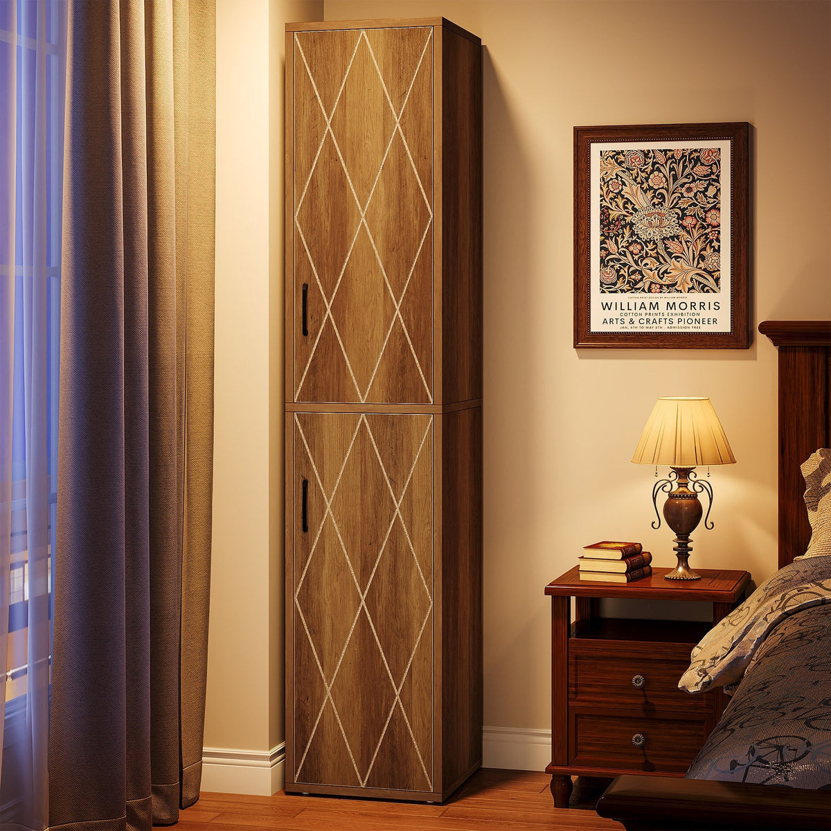 The cabinet standing in a bedroom corner beside a bed with the doors closed