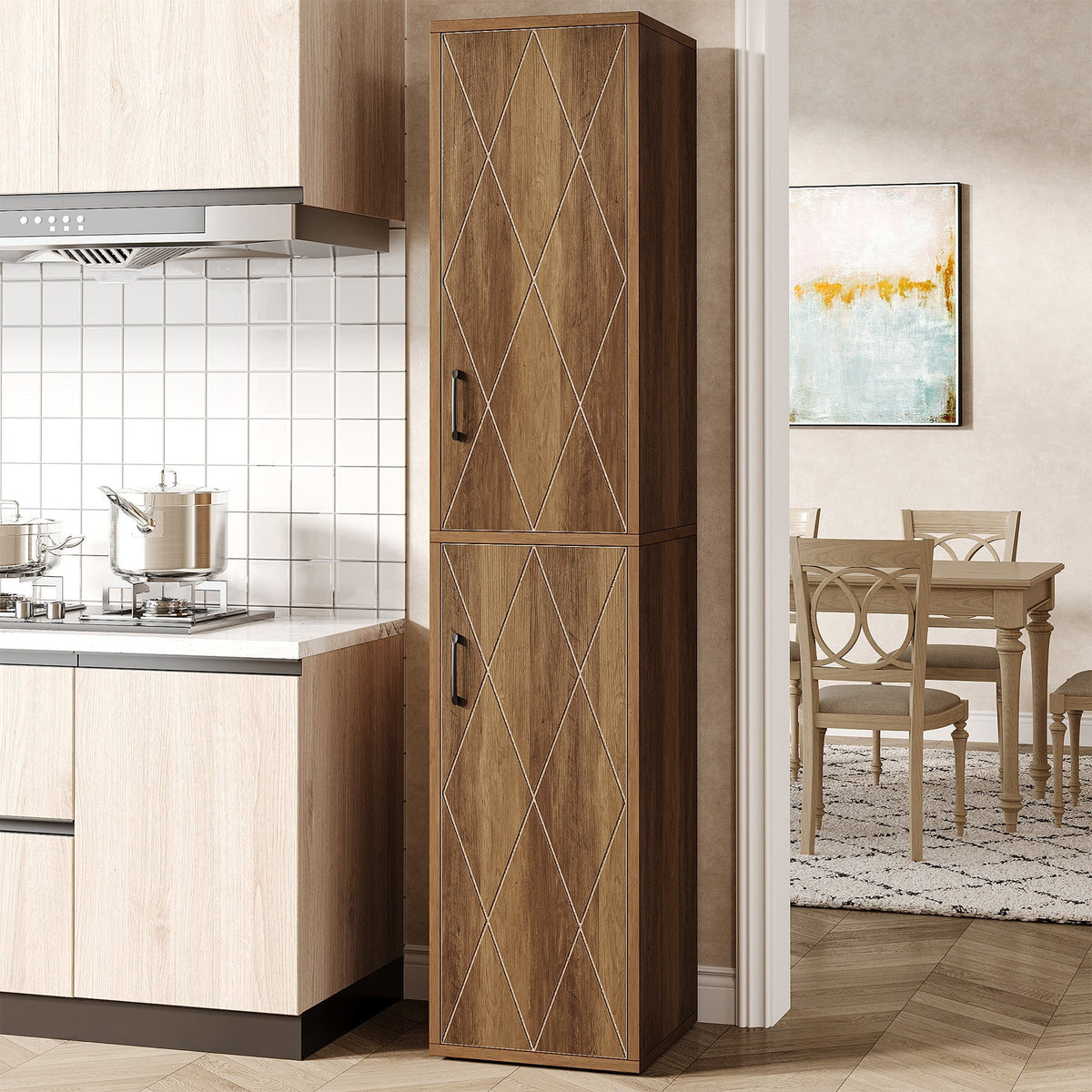 Tall narrow cabinet at the end of a kitchen run beside the counter