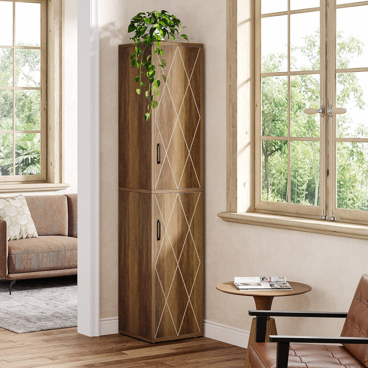 The storage cabinet in a living room with a trailing plant on top