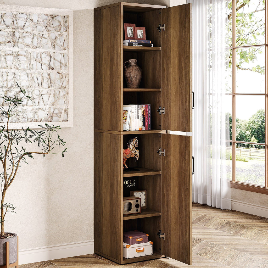 Both doors open showing the six enclosed shelves loaded with books and household items