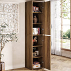 Both doors open showing the six enclosed shelves loaded with books and household items