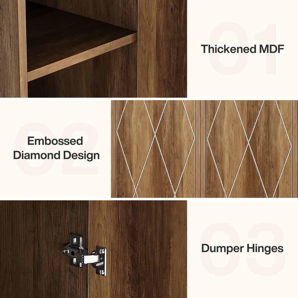 Feature graphic showing the thickened board, the embossed diamond doors and the damper hinges