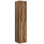 Rustic brown two door tall storage cabinet photographed against a plain background