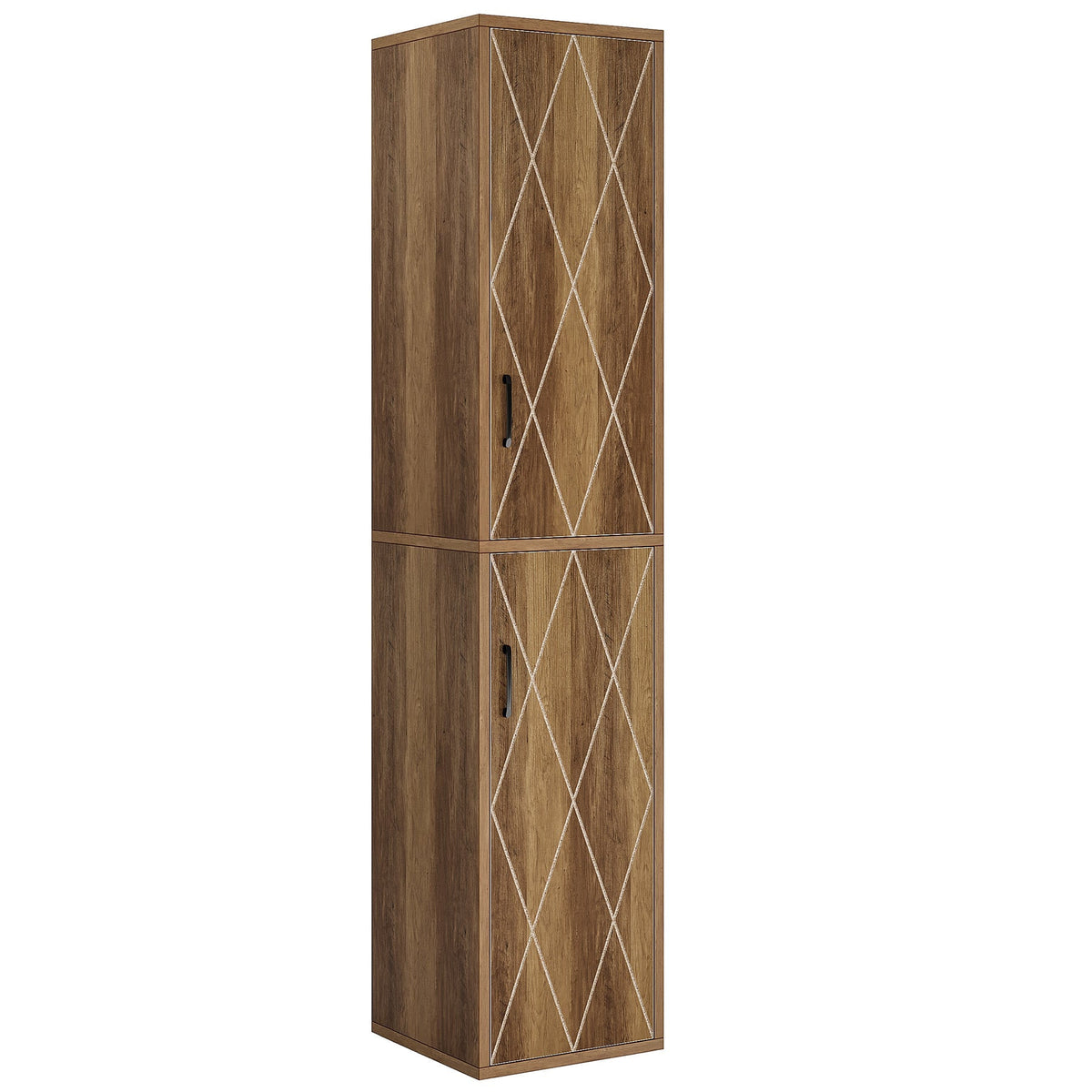 Rustic brown two door tall storage cabinet photographed against a plain background