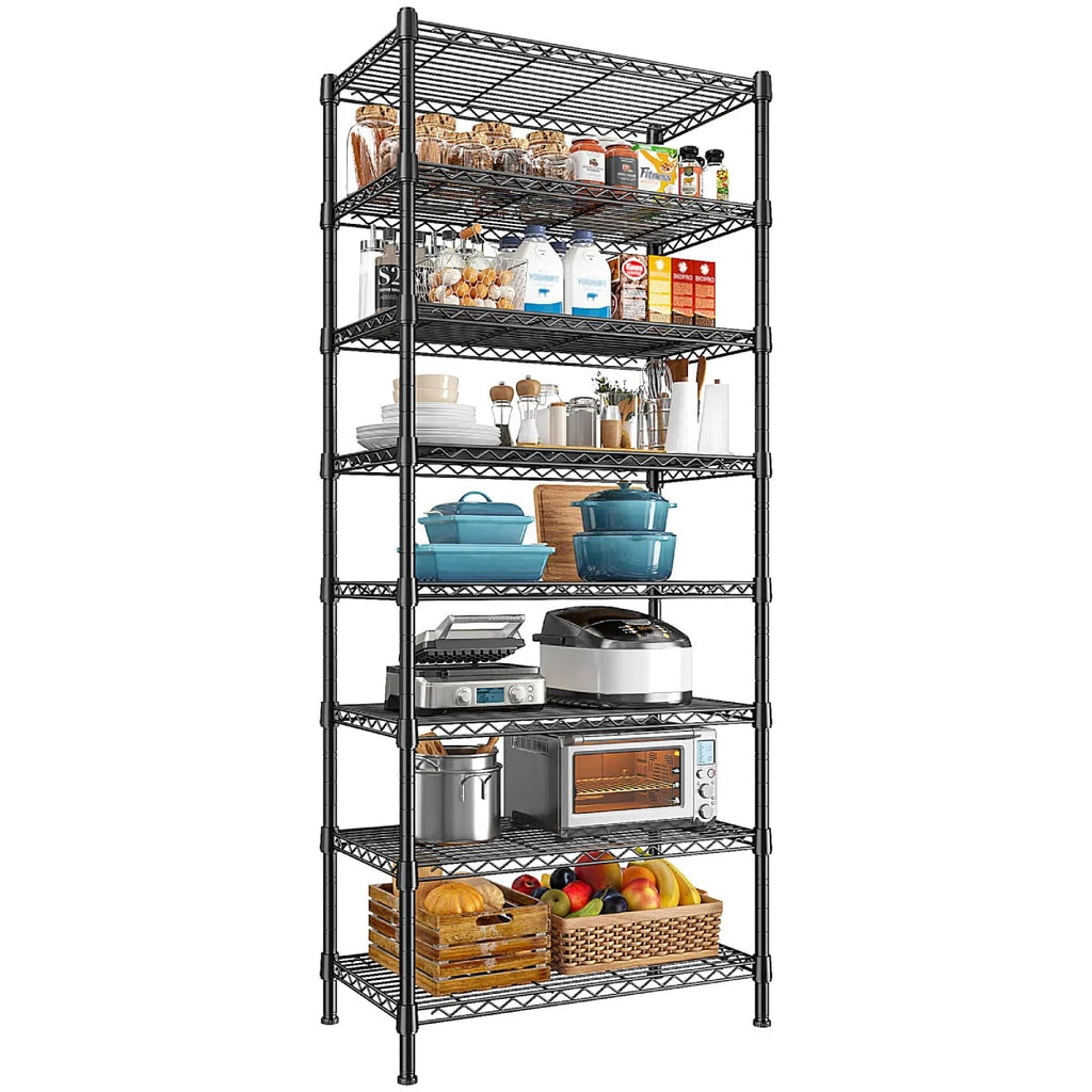 Black 8 tier slim wire shelving unit, 23.3 x 13.5 x 72 in, loaded with pantry jars, pots and produce baskets on a white background