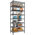 Black 8 tier slim wire shelving unit, 23.3 x 13.5 x 72 in, loaded with pantry jars, pots and produce baskets on a white background