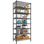 Black 8 tier slim wire shelving unit, 23.3 x 13.5 x 72 in, loaded with pantry jars, pots and produce baskets on a white background