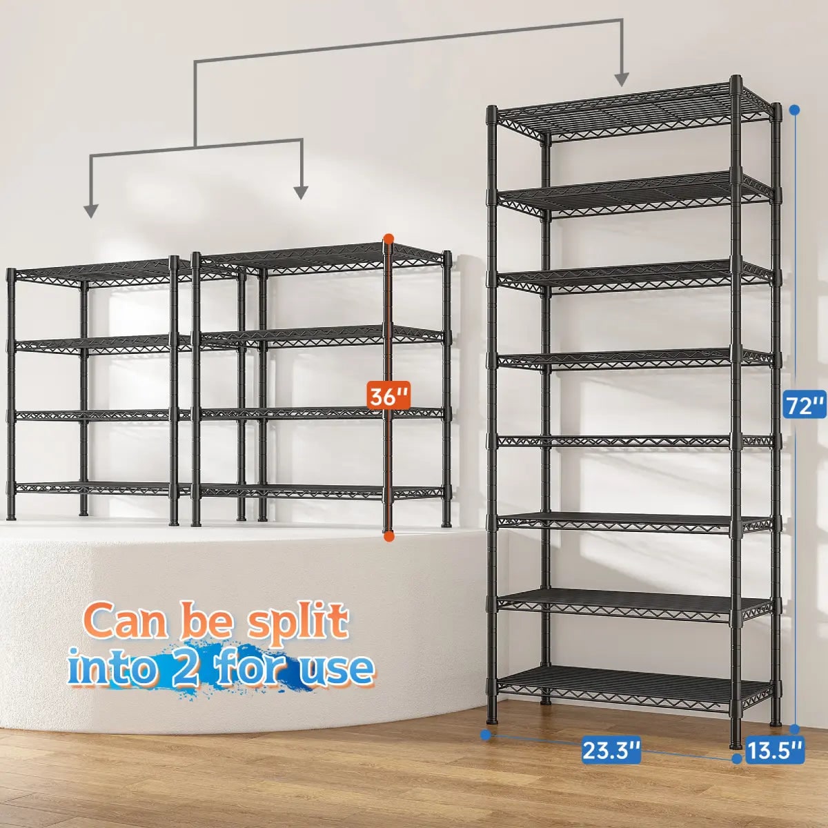 Dimension diagram: 8 tier rack 23.3 in wide, 13.5 in deep, 72 in high, splitting into two racks about 36 in tall