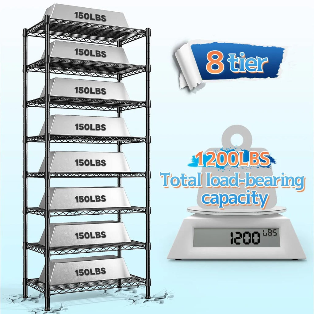 Capacity graphic: 150 lb on each of the 8 tiers for a 1,200 lb total load bearing capacity