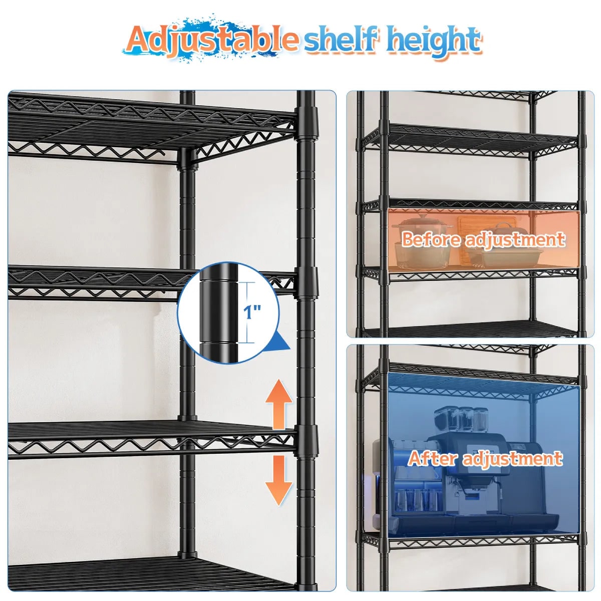 Detail graphic: shelf height adjusted in 1 inch steps, before and after comparison