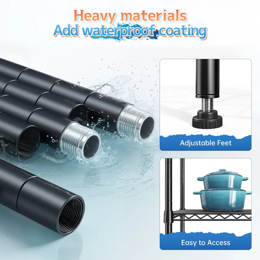 Detail graphic: rust and corrosion resistant coating on the steel poles, adjustable feet and easy access shelving