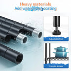 Detail graphic: rust and corrosion resistant coating on the steel poles, adjustable feet and easy access shelving
