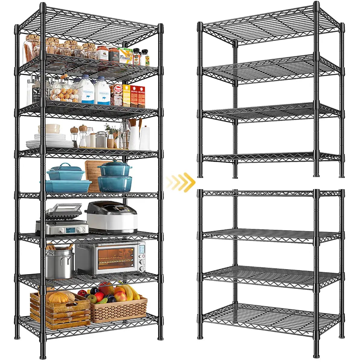 The 8 tier unit separated into two 4 tier racks standing side by side on a white background