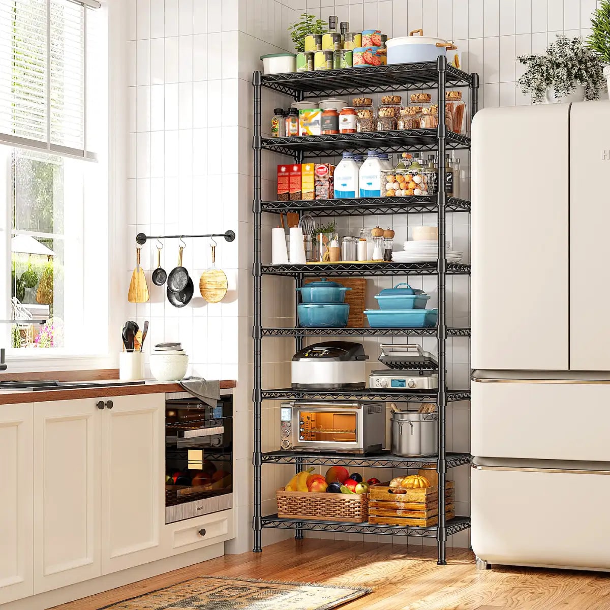 Slim black wire rack in a kitchen beside a refrigerator, holding pots, jars and dry goods