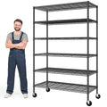 Black 6-tier wire shelving unit with wheels, 45 x 18 x 82 in, adult standing beside it for scale, white background