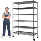 Black 6-tier wire shelving unit with wheels, 45 x 18 x 82 in, adult standing beside it for scale, white background