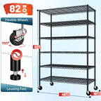 Dimension diagram: 6-tier wire shelving 45 in wide, 18 in deep, 82 in high, swivel wheels and leveling feet