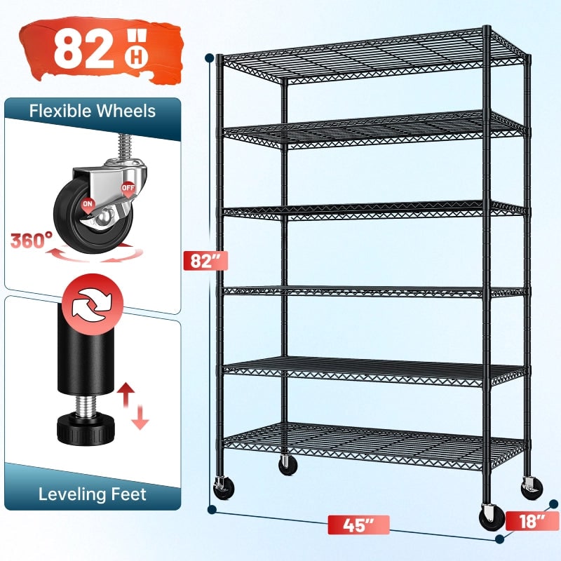 Dimension diagram: 6-tier wire shelving 45 in wide, 18 in deep, 82 in high, swivel wheels and leveling feet