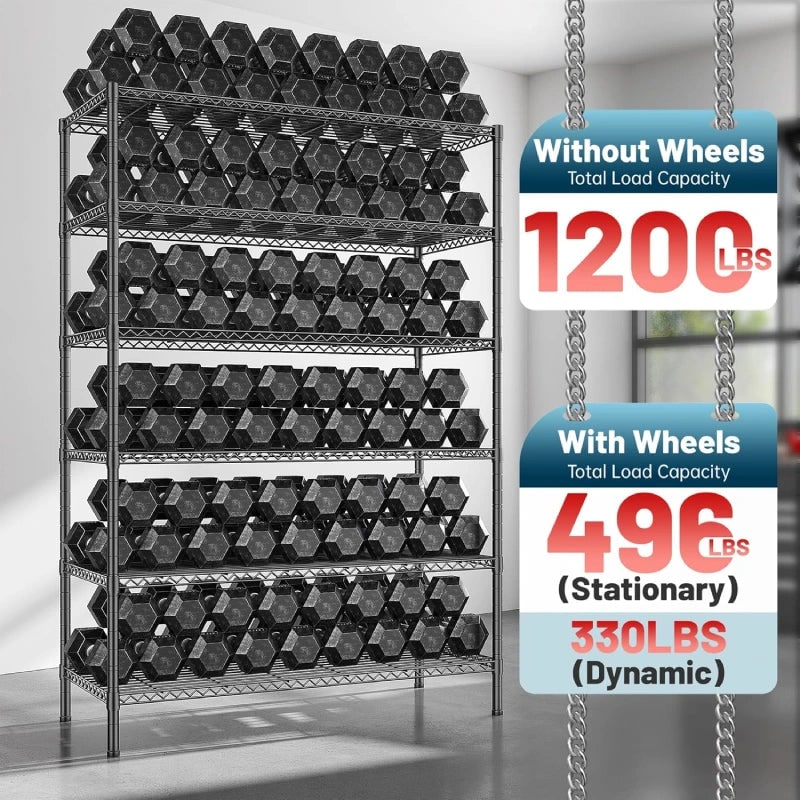 Capacity graphic: 1,200 lb total without wheels, 496 lb stationary and 330 lb rolling with wheels, shelves loaded with dumbbells