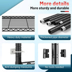 Detail graphic: reinforced wire decks, thickened steel poles, anti-tip bracket, tool-free pole connectors