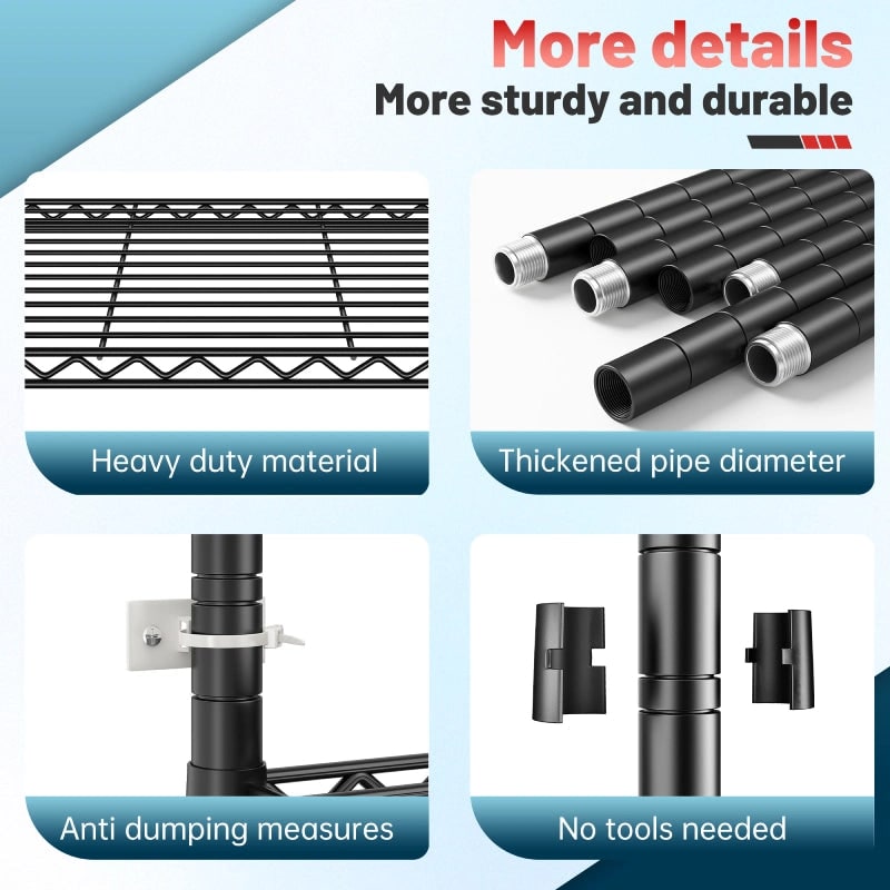 Detail graphic: reinforced wire decks, thickened steel poles, anti-tip bracket, tool-free pole connectors