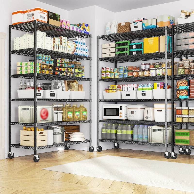Wire shelving unit in a pantry holding food storage containers and supplies