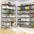 Wire shelving unit in a pantry holding food storage containers and supplies
