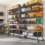 Wire shelving unit in a garage holding buckets, cords, and storage bins