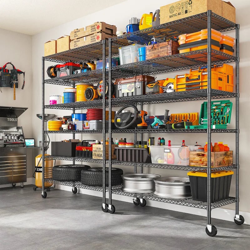 Wire shelving unit in a garage holding buckets, cords, and storage bins
