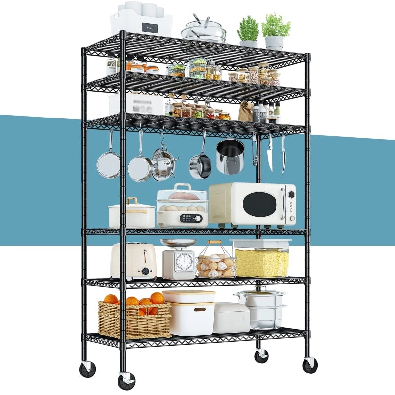 Black 6-tier wire shelving with cookware and small appliances on the shelves