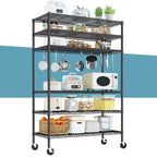Black 6-tier wire shelving with cookware and small appliances on the shelves