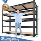 Dimension diagram: 5-tier garage shelving unit, 48 in wide, 24 in deep, 72 in high