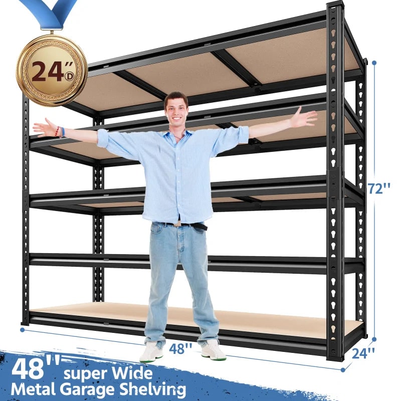 Dimension diagram: 5-tier garage shelving unit, 48 in wide, 24 in deep, 72 in high