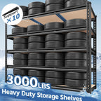 Capacity graphic: 3,000 lb total, 5 shelves loaded with tires, 10 steel support ribs