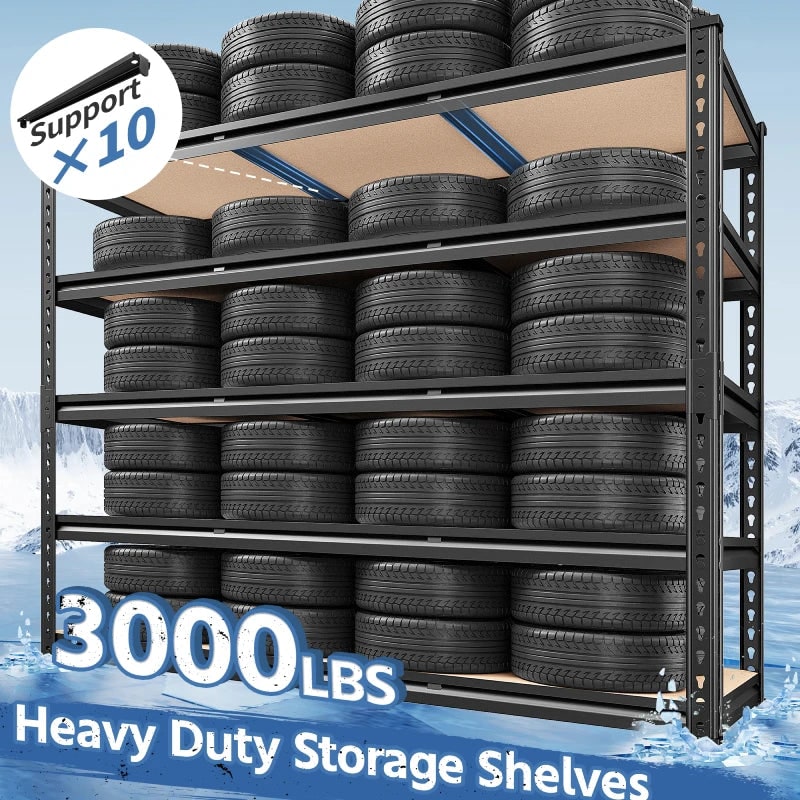 Capacity graphic: 3,000 lb total, 5 shelves loaded with tires, 10 steel support ribs