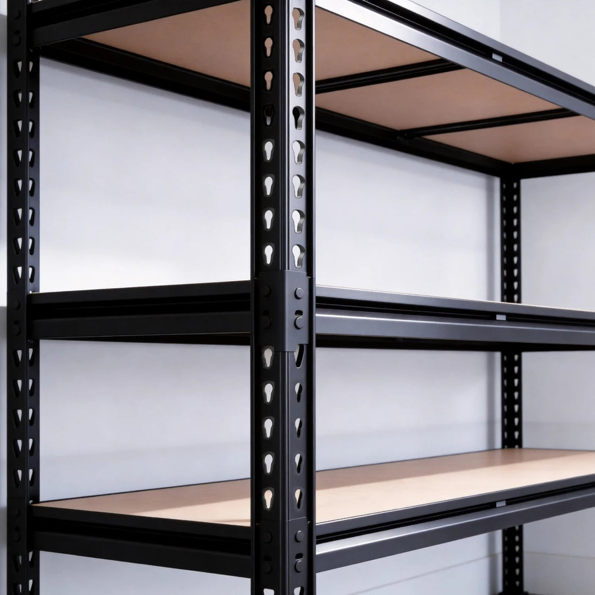 Close-up of black steel posts and shelf decks on the 48 in garage shelving unit